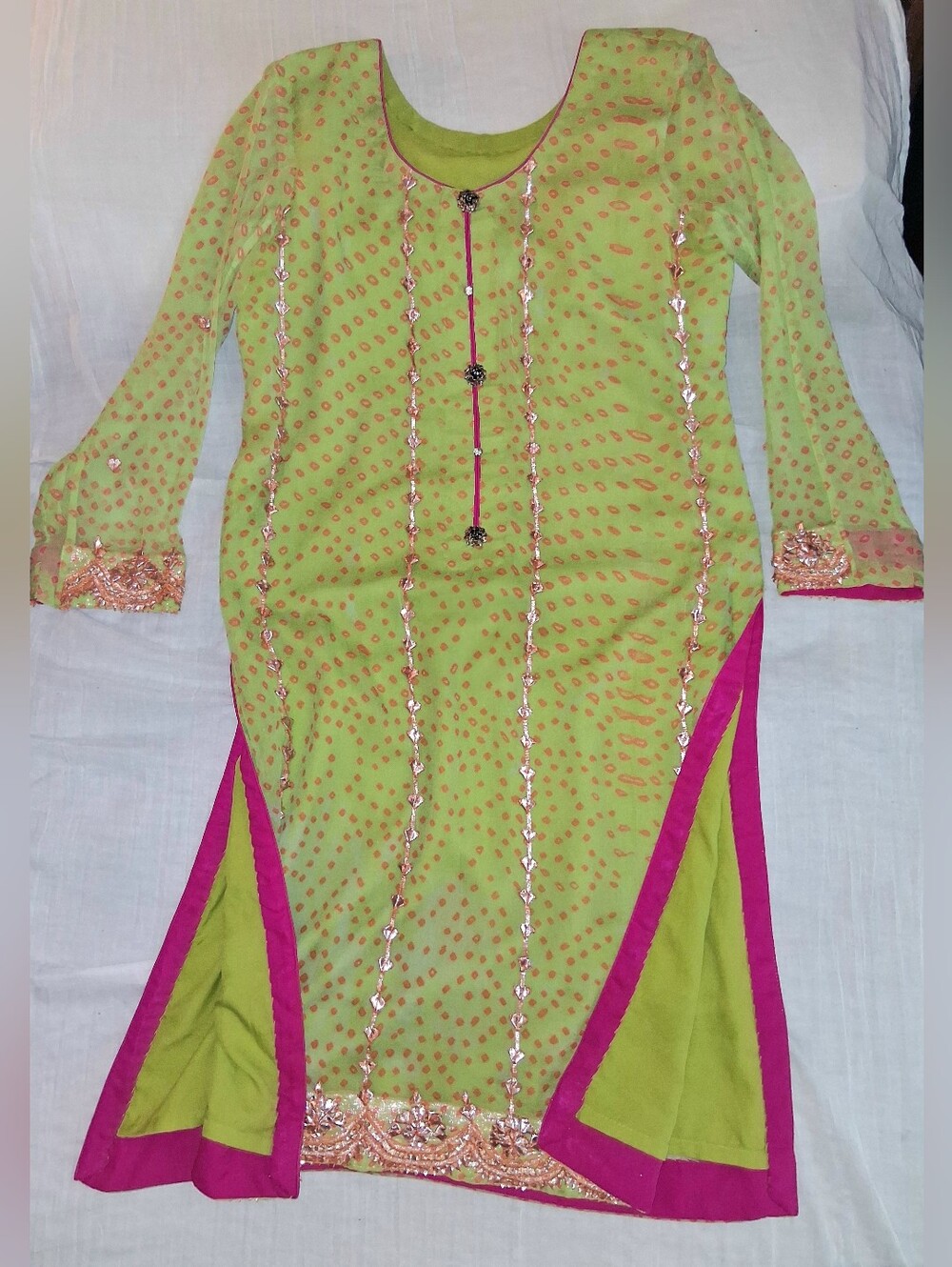 Lime Green Tunic Kurta Dress with Hot Pink Trim and Gold Embellishment